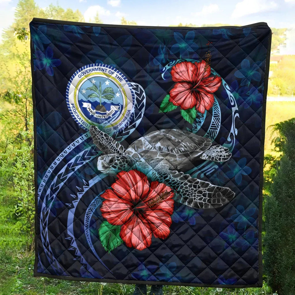 Federated States Of Micronesia Polynesian Premium Quilt - Blue Turtle Hibiscus