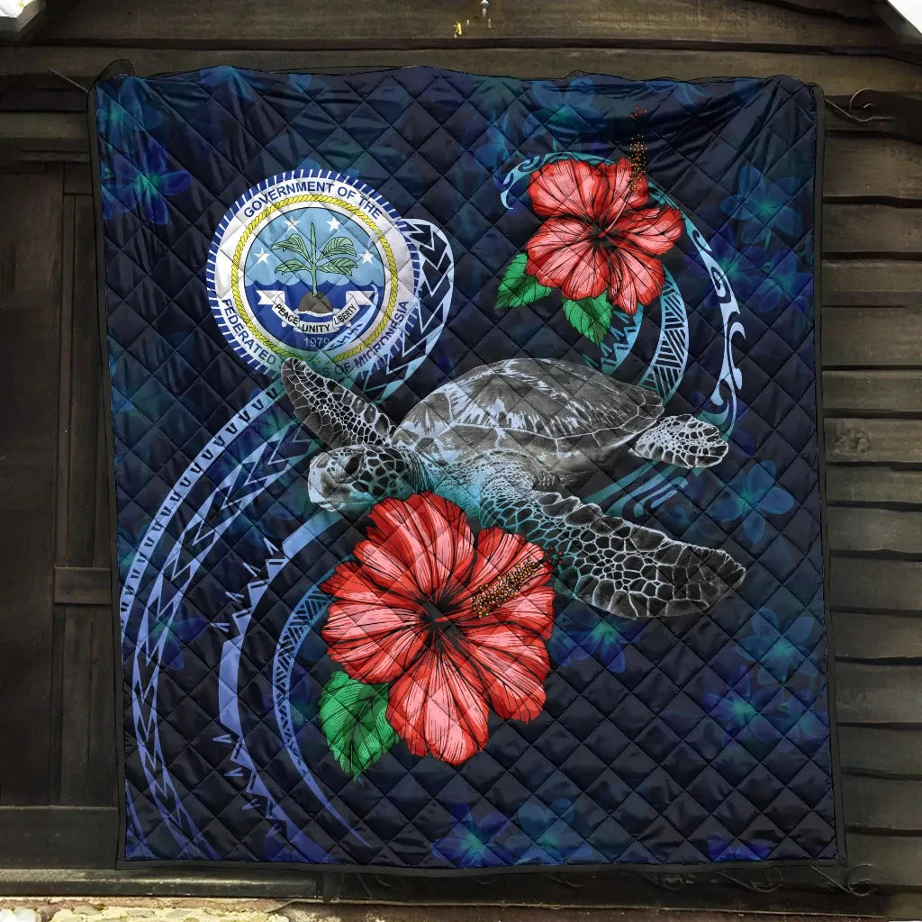 Federated States Of Micronesia Polynesian Premium Quilt - Blue Turtle Hibiscus