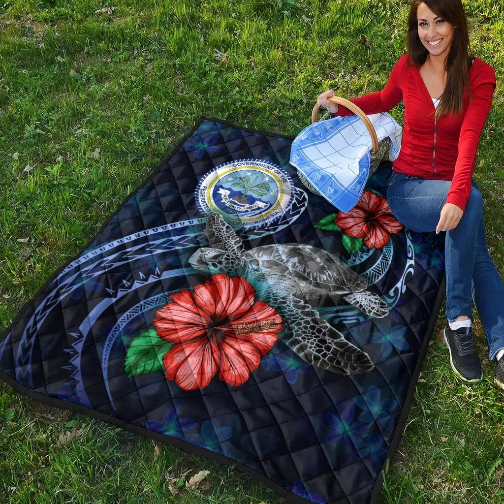 Federated States Of Micronesia Polynesian Premium Quilt - Blue Turtle Hibiscus