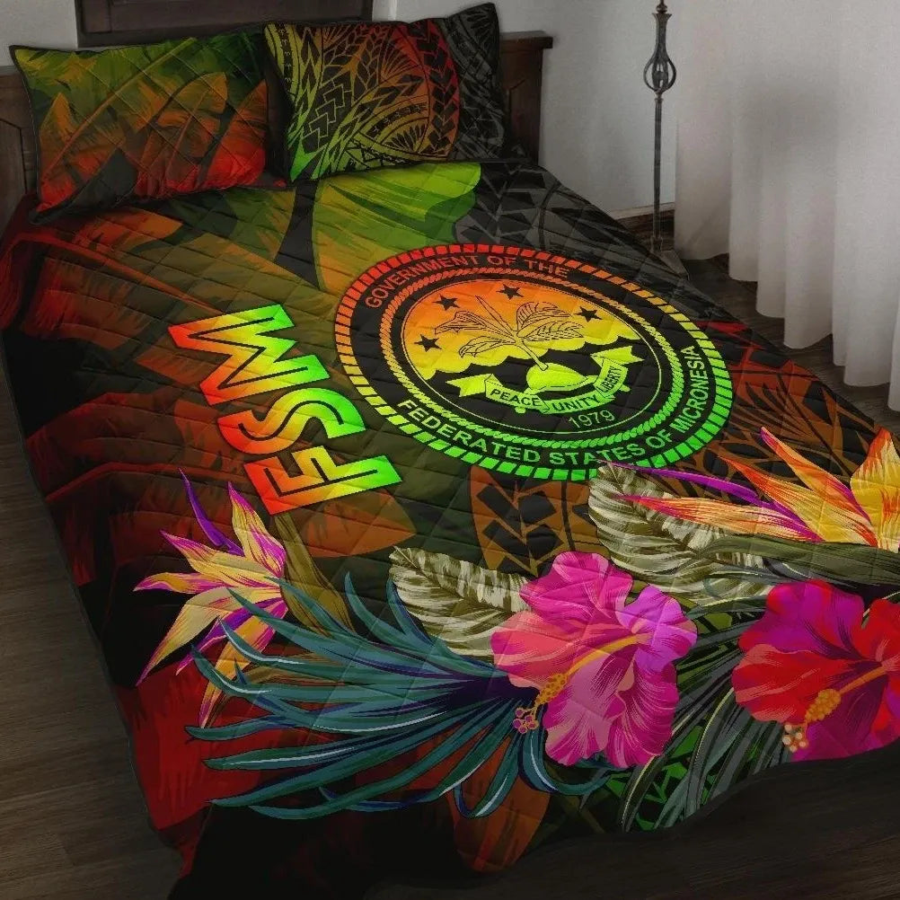 Federated States of Micronesia Polynesian Quilt Bed Set - Hibiscus and Banana Leaves