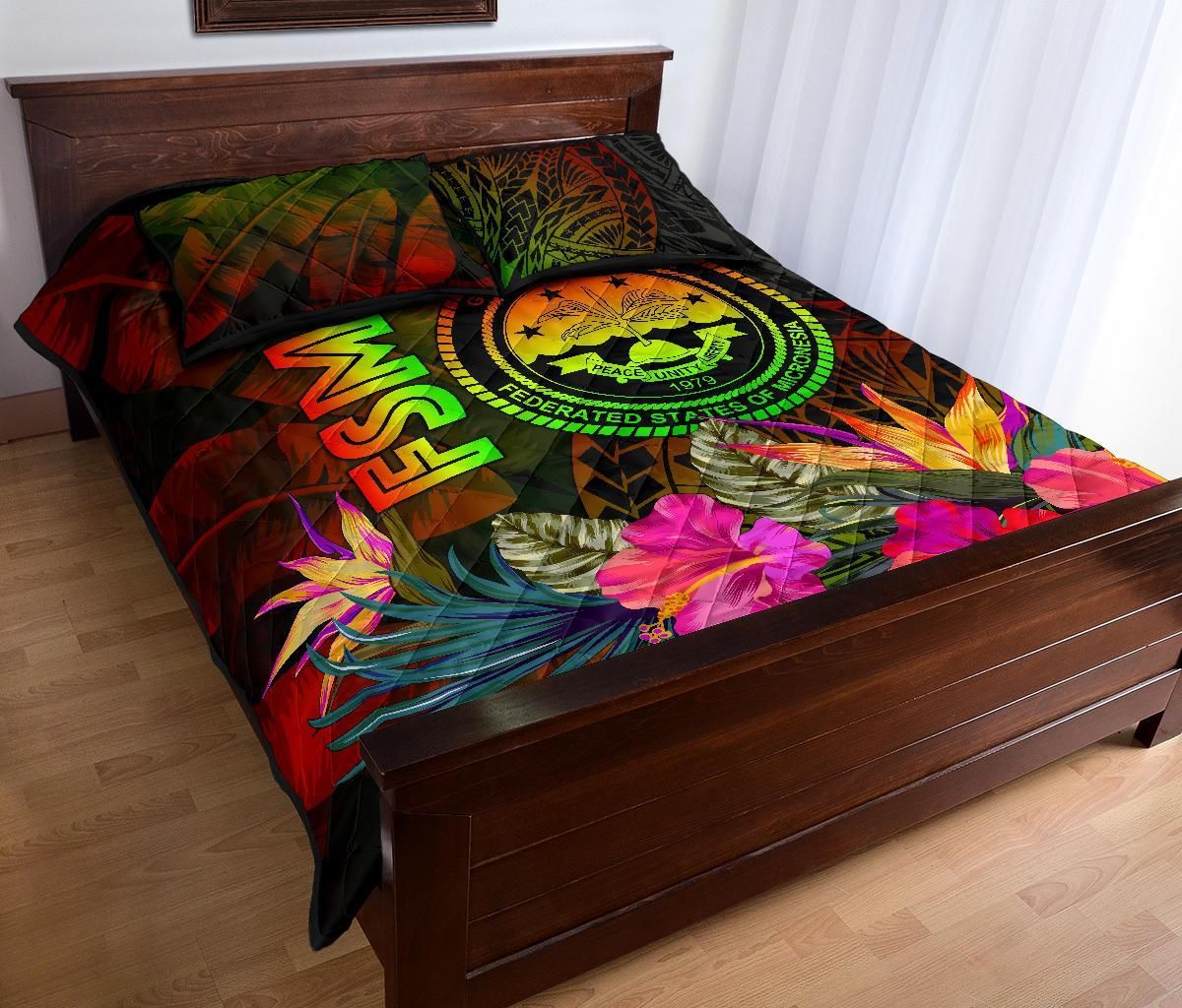 Federated States of Micronesia Polynesian Quilt Bed Set - Hibiscus and Banana Leaves