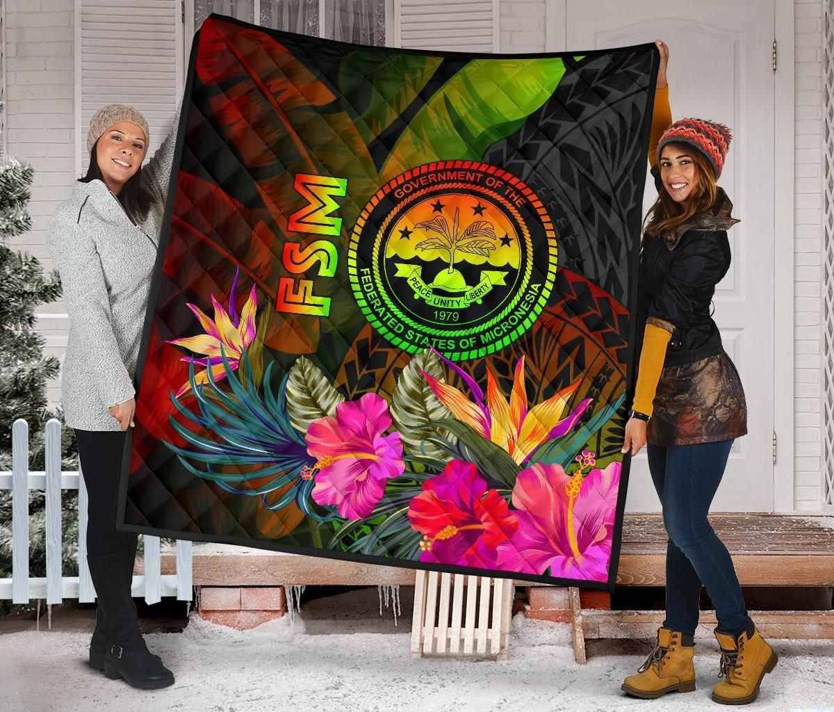 Federated States of Micronesia Polynesian Quilt -  Hibiscus and Banana Leaves