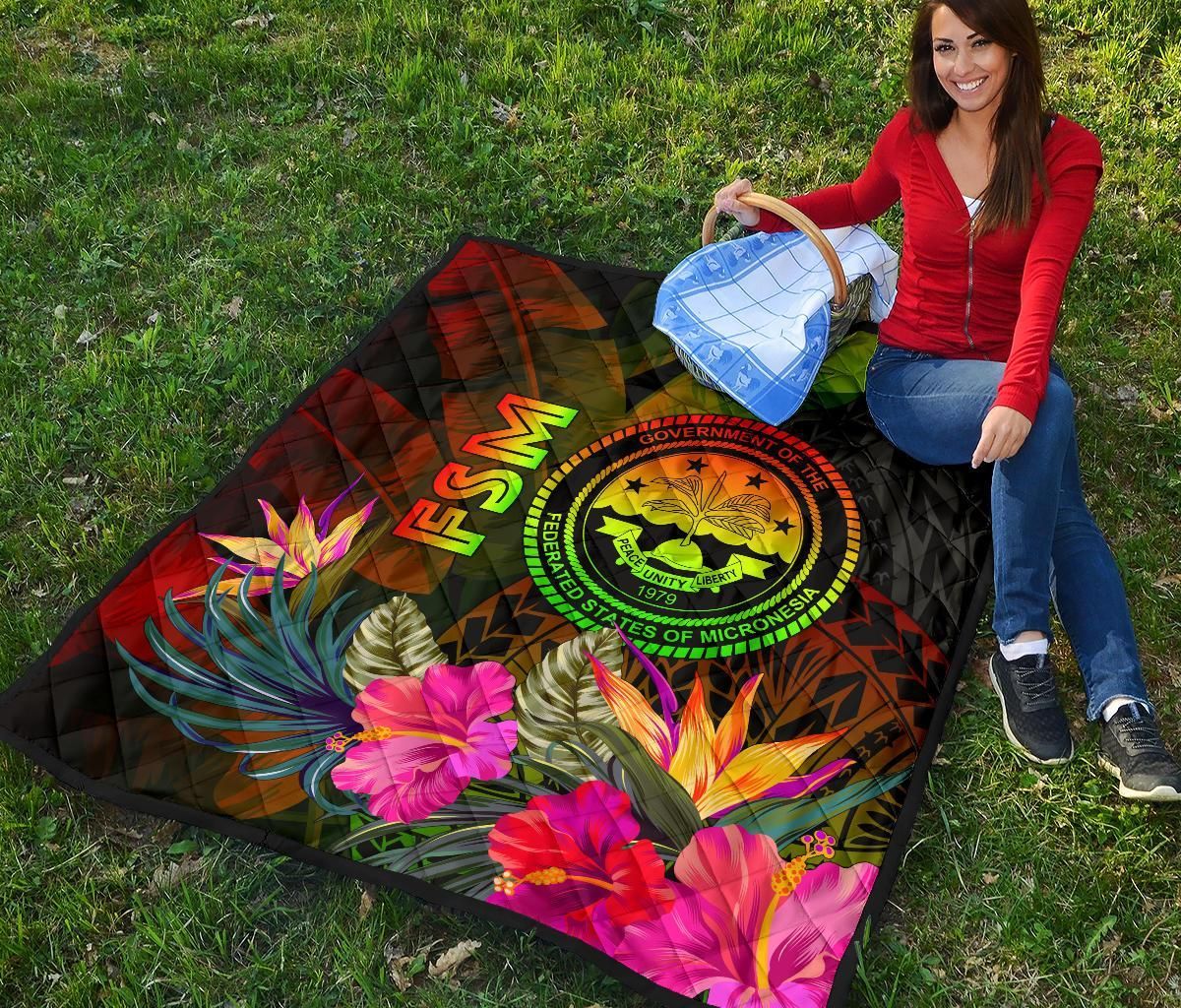 Federated States of Micronesia Polynesian Quilt -  Hibiscus and Banana Leaves