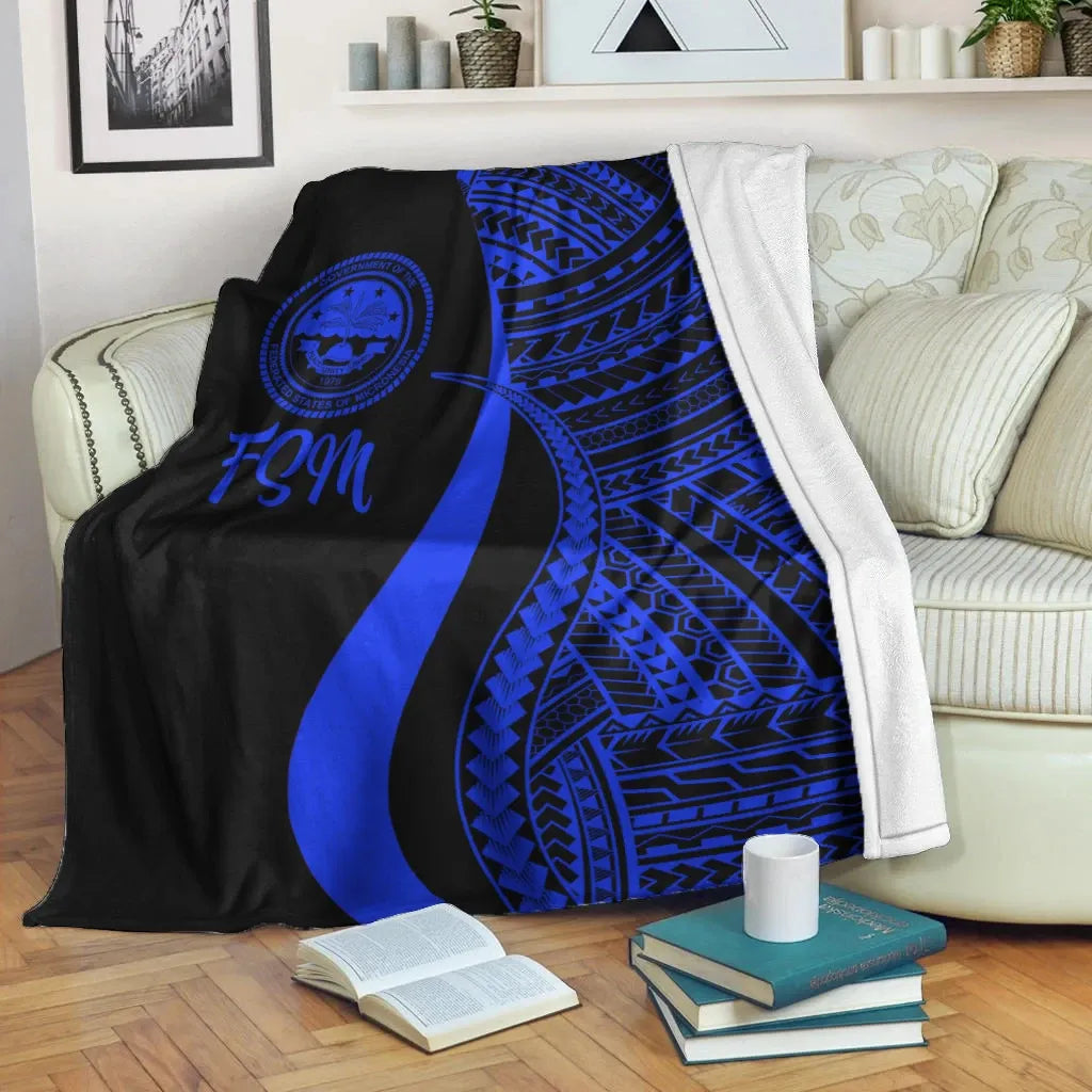 Federated States of Micronesia Premium Blanket - Blue Polynesian Tentacle Tribal Pattern
