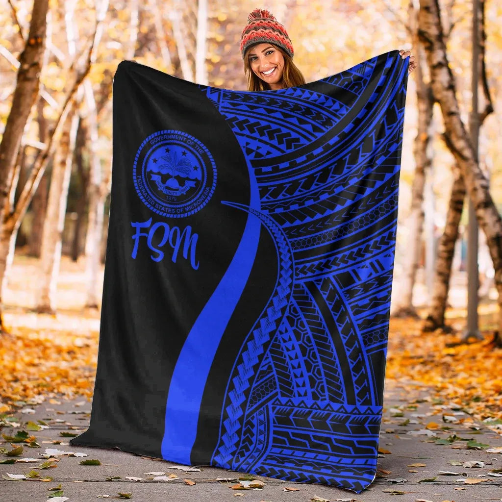 Federated States of Micronesia Premium Blanket - Blue Polynesian Tentacle Tribal Pattern