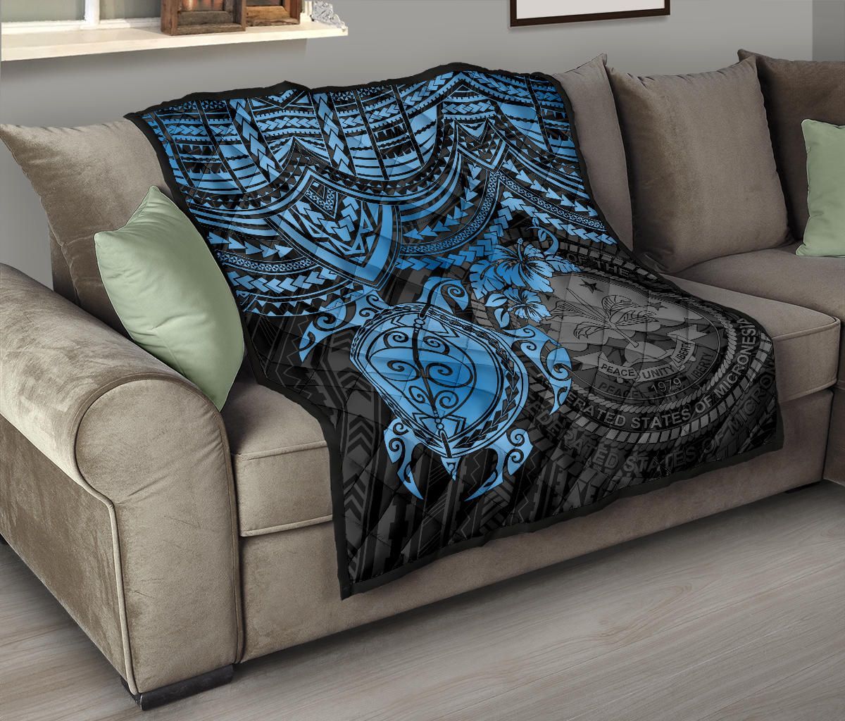 Federated States Of Micronesia Premium Quilt - Federated States Of Micronesia Seal & Blue Turtle Hibiscus