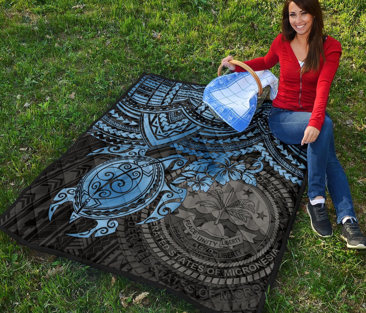 Federated States Of Micronesia Premium Quilt - Federated States Of Micronesia Seal & Blue Turtle Hibiscus