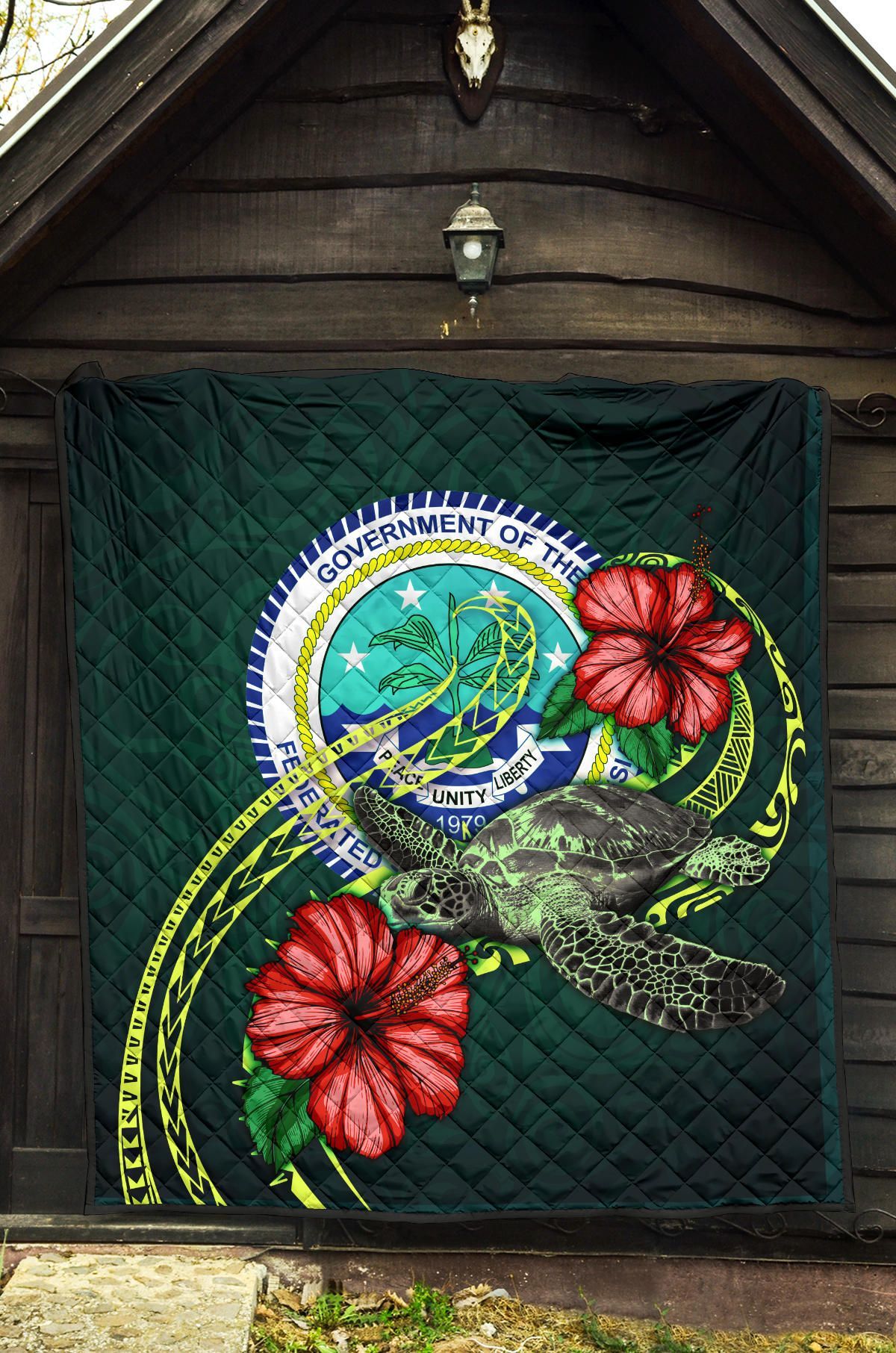 Federated States of Micronesia Premium Quilt - Green Turtle Hibiscus