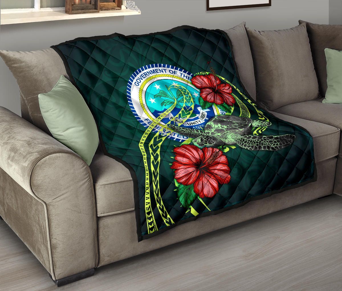 Federated States of Micronesia Premium Quilt - Green Turtle Hibiscus