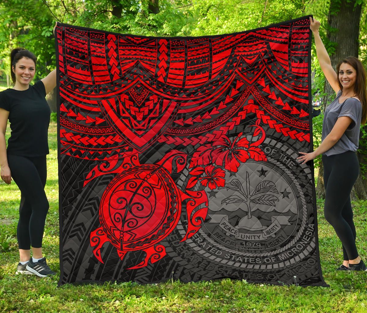 Federated States Of Micronesia Premium Quilt - Federated States Of Micronesia Seal & Red Turtle Hibiscus