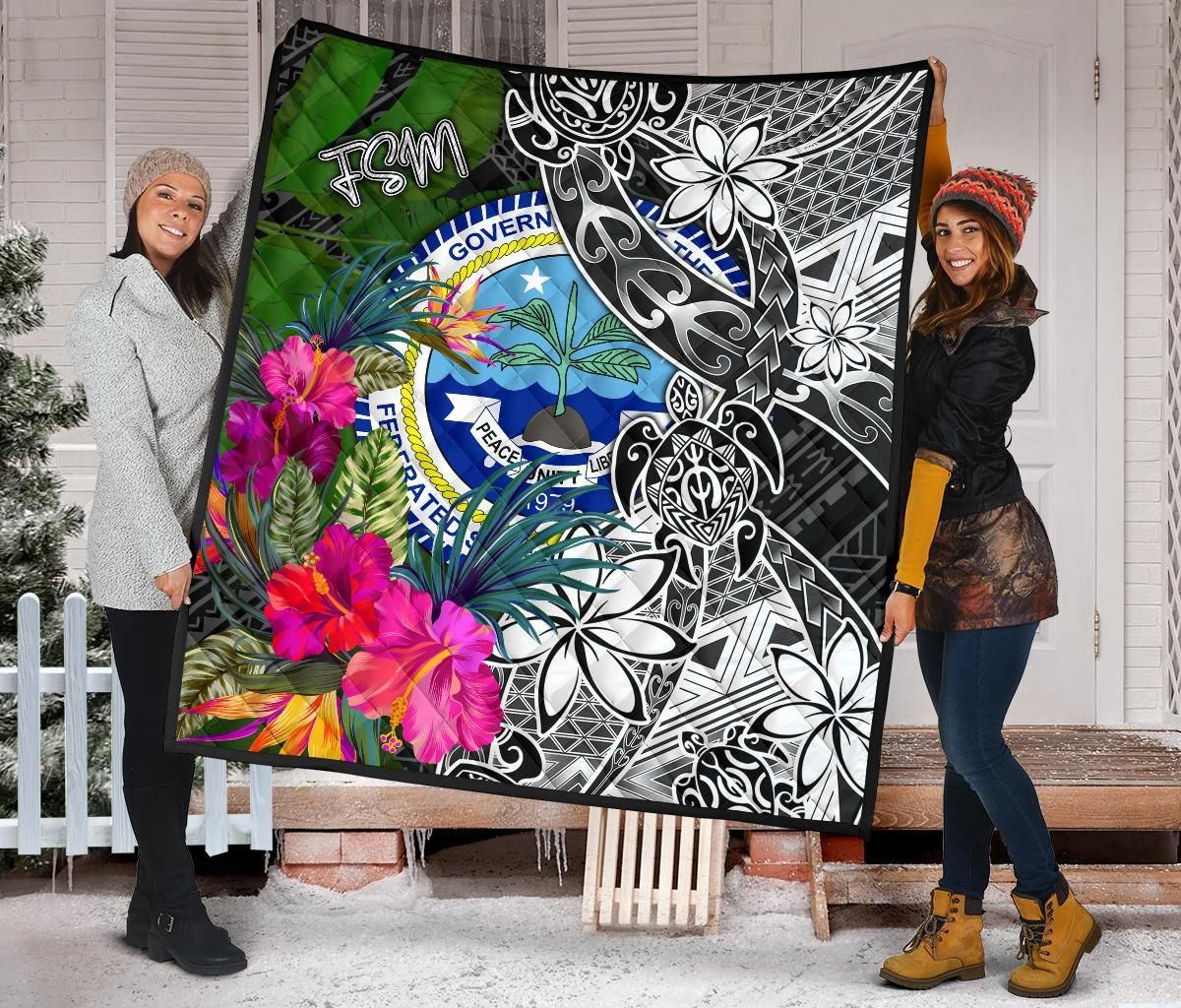 Federated States of Micronesia Premium Quilt - Turtle Plumeria Banana Leaf