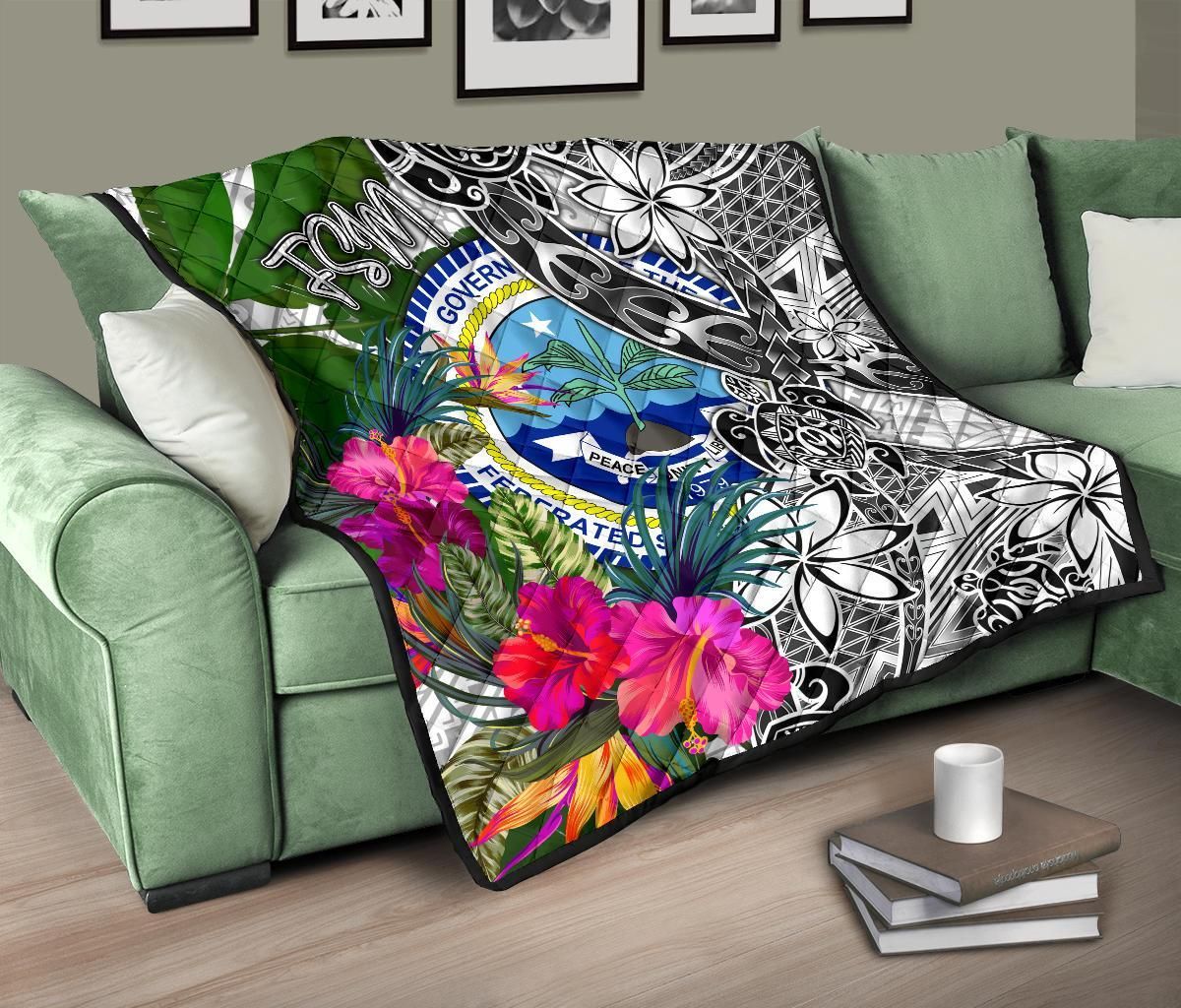 Federated States of Micronesia Premium Quilt White - Turtle Plumeria Banana Leaf