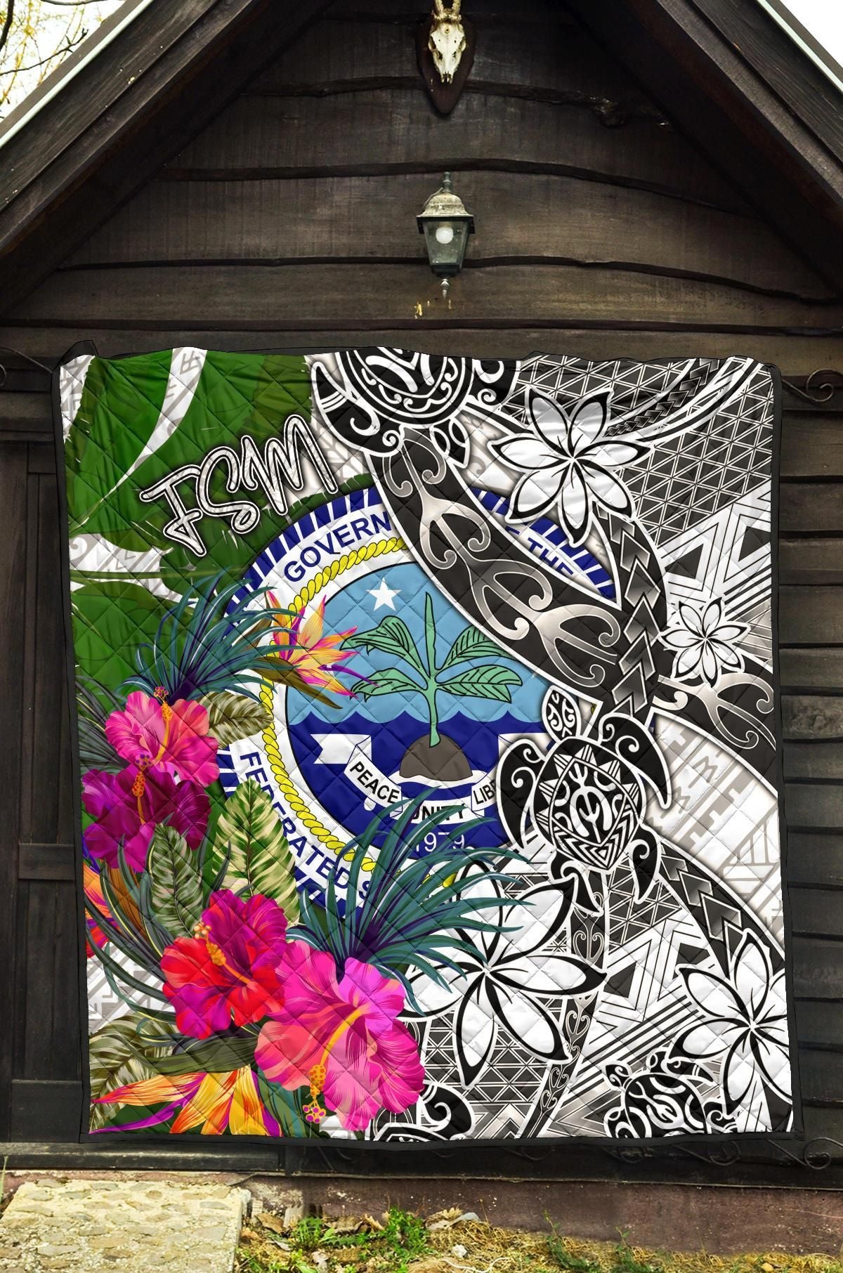 Federated States of Micronesia Premium Quilt White - Turtle Plumeria Banana Leaf