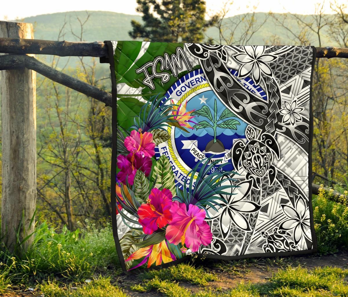 Federated States of Micronesia Premium Quilt White - Turtle Plumeria Banana Leaf