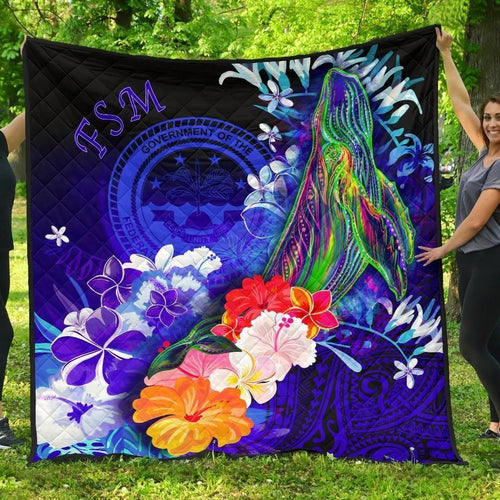 Federated States of Micronesia Premium Quilts - Humpback Whale with Tropical Flowers (Blue)