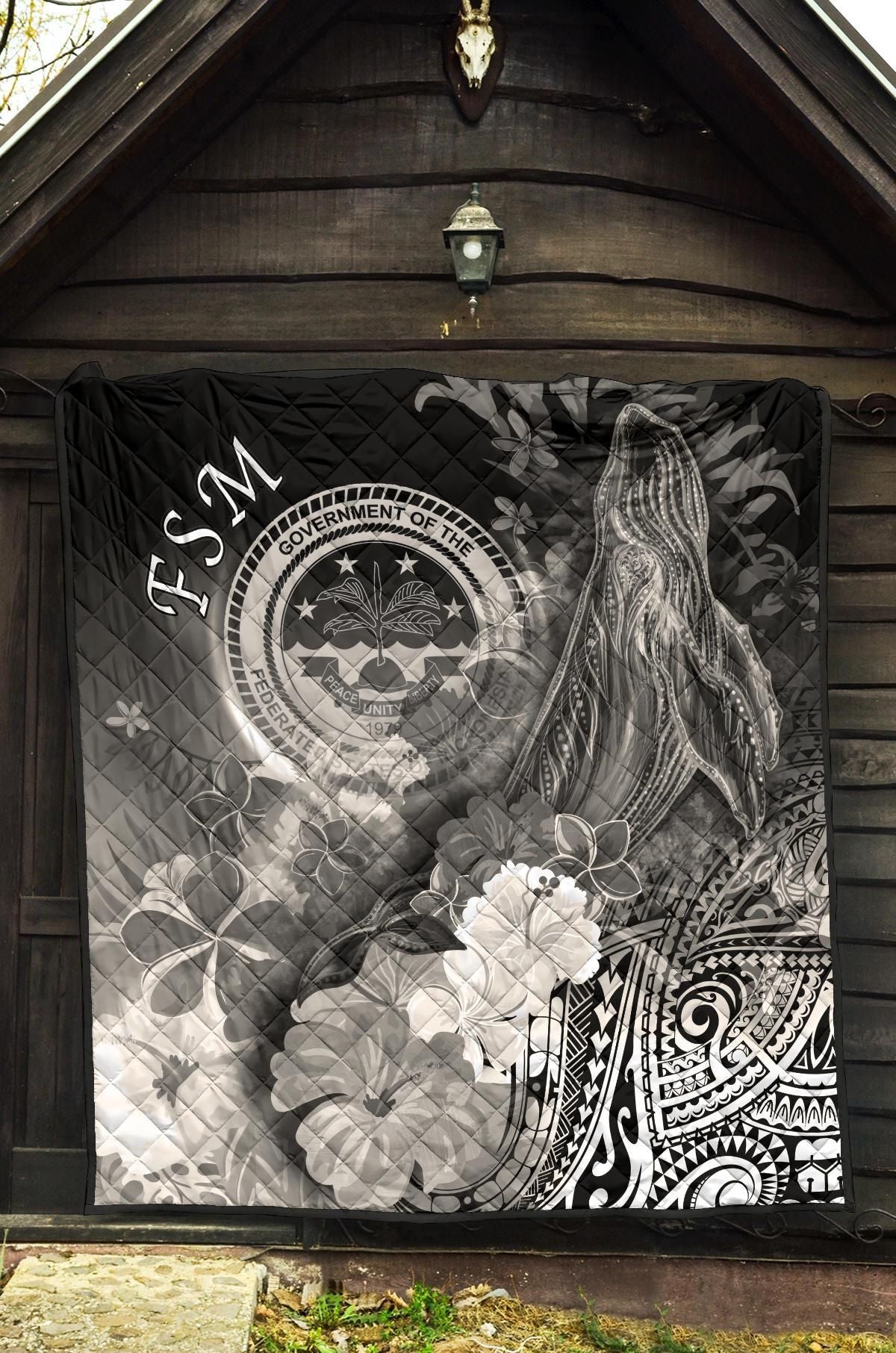 Federated States of Micronesia Premium Quilts - Humpback Whale with Tropical Flowers (White)