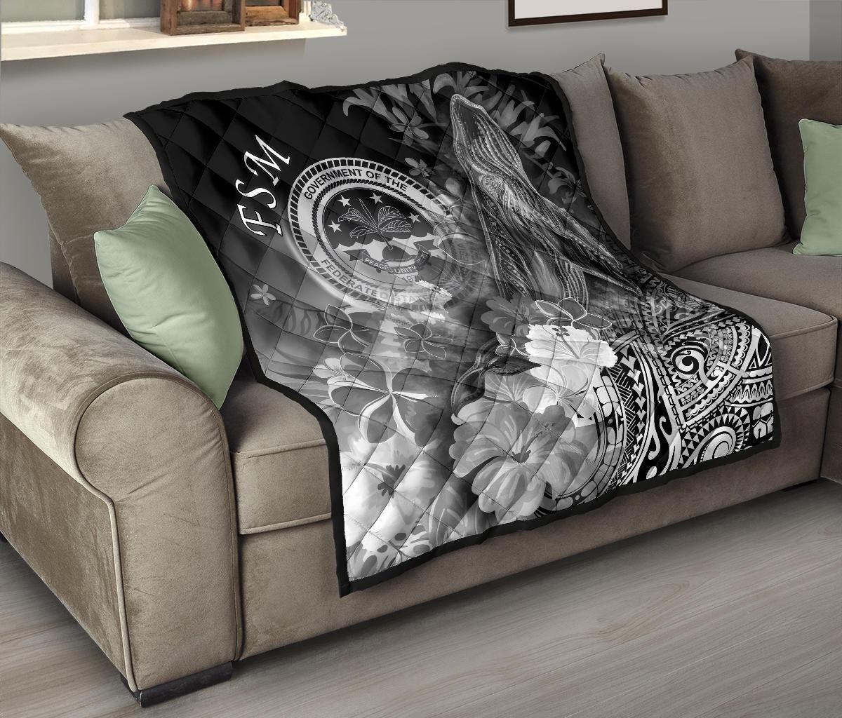 Federated States of Micronesia Premium Quilts - Humpback Whale with Tropical Flowers (White)