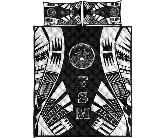 Federated States of Micronesia Quilt Bed Set - Federated States of Micronesia Seal Polynesian White Tattoo Style