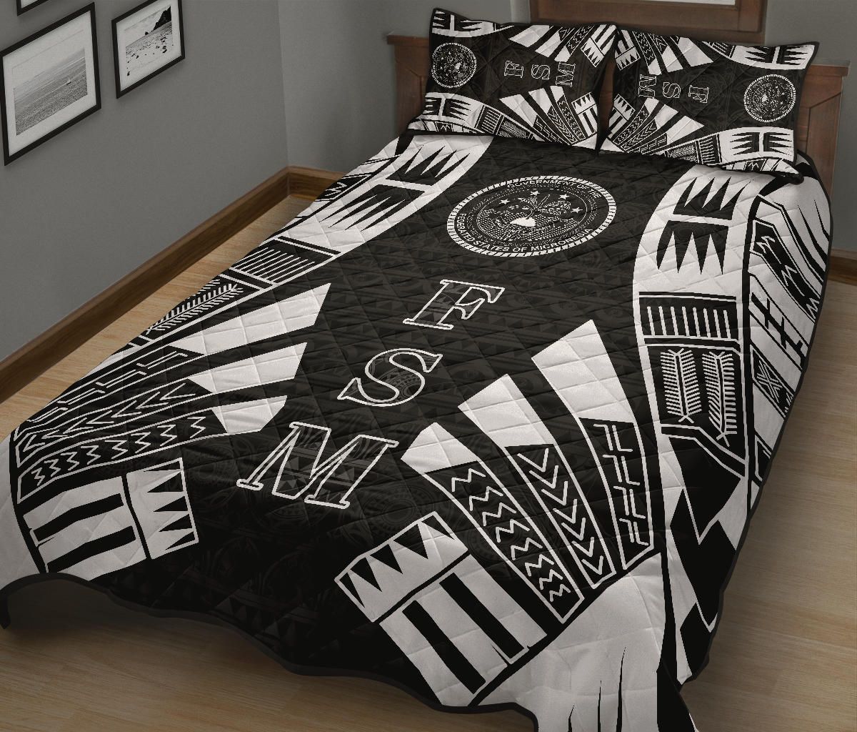 Federated States of Micronesia Quilt Bed Set - Federated States of Micronesia Seal Polynesian White Tattoo Style