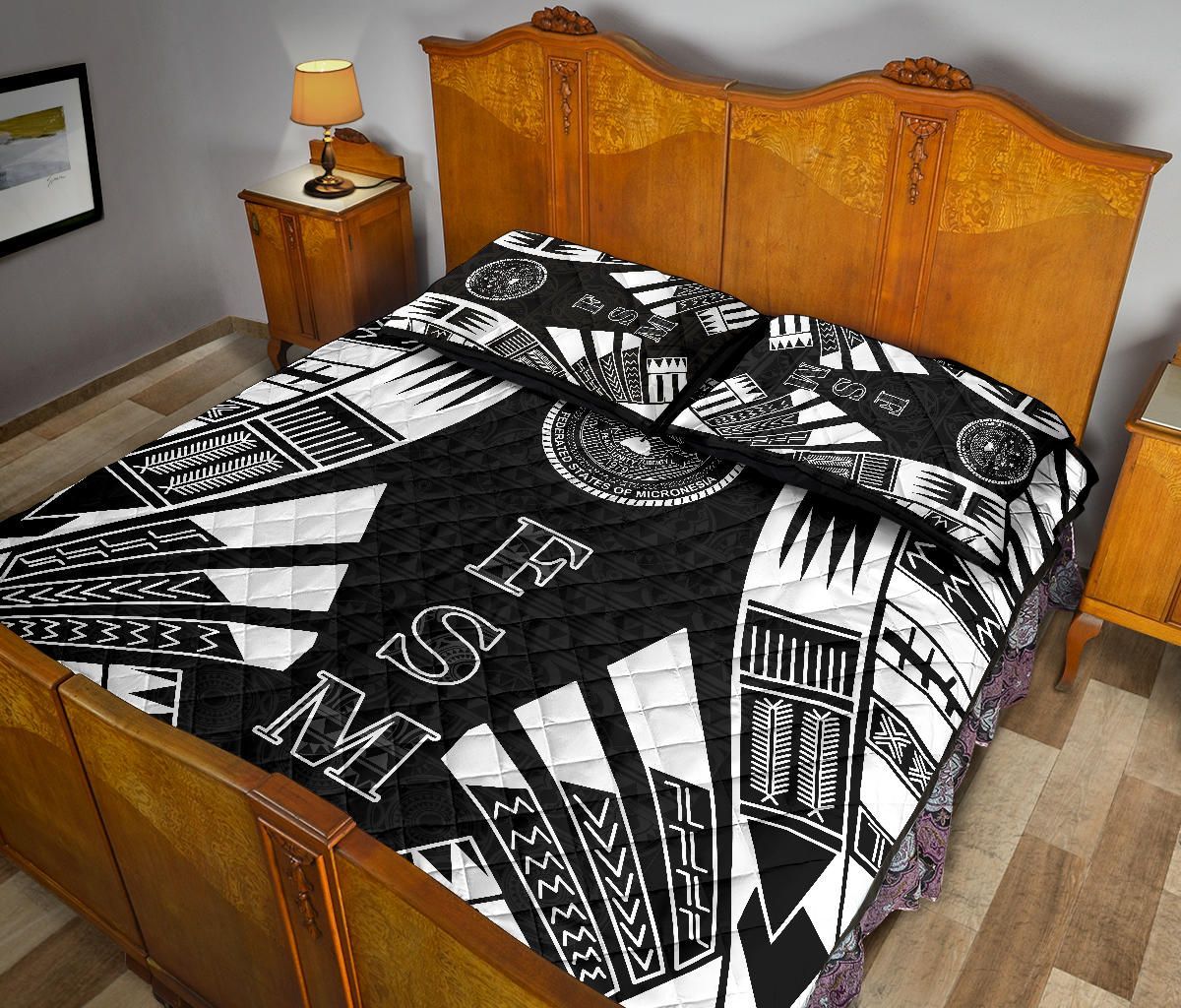 Federated States of Micronesia Quilt Bed Set - Federated States of Micronesia Seal Polynesian White Tattoo Style