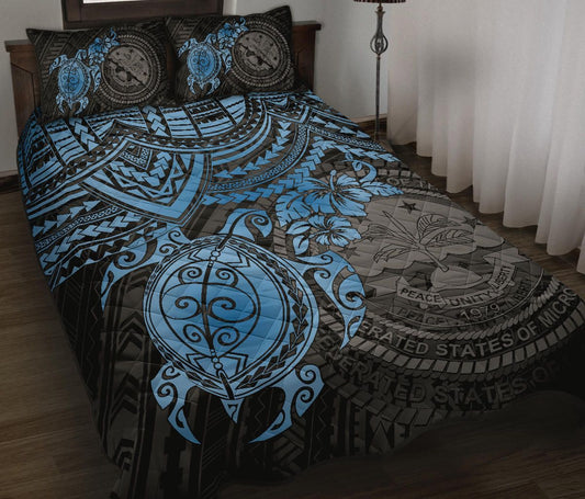 Federated States Of Micronesia Quilt Bed Set - Federated States Of Micronesia Seal & Blue Turtle Hibiscus