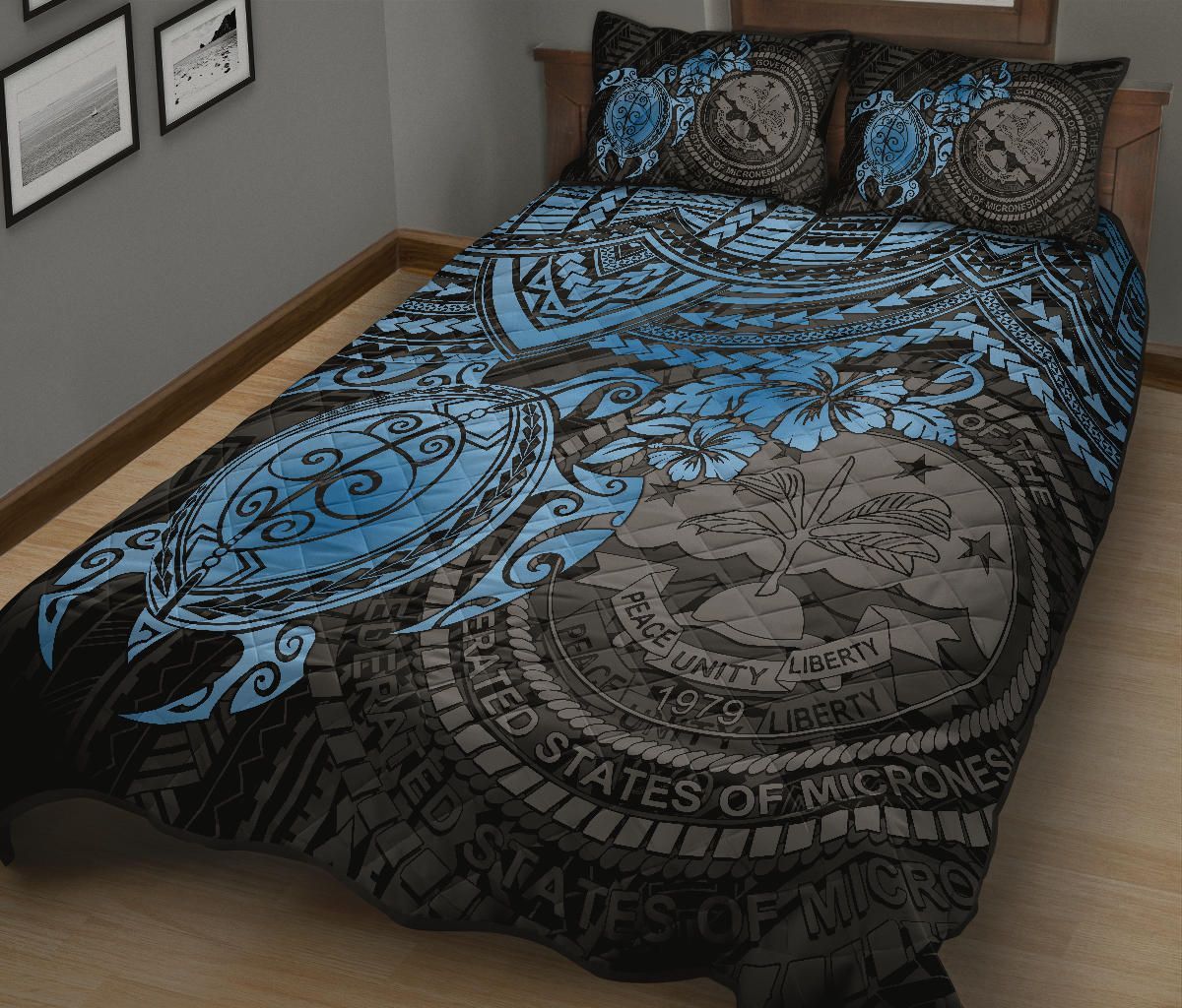 Federated States Of Micronesia Quilt Bed Set - Federated States Of Micronesia Seal & Blue Turtle Hibiscus