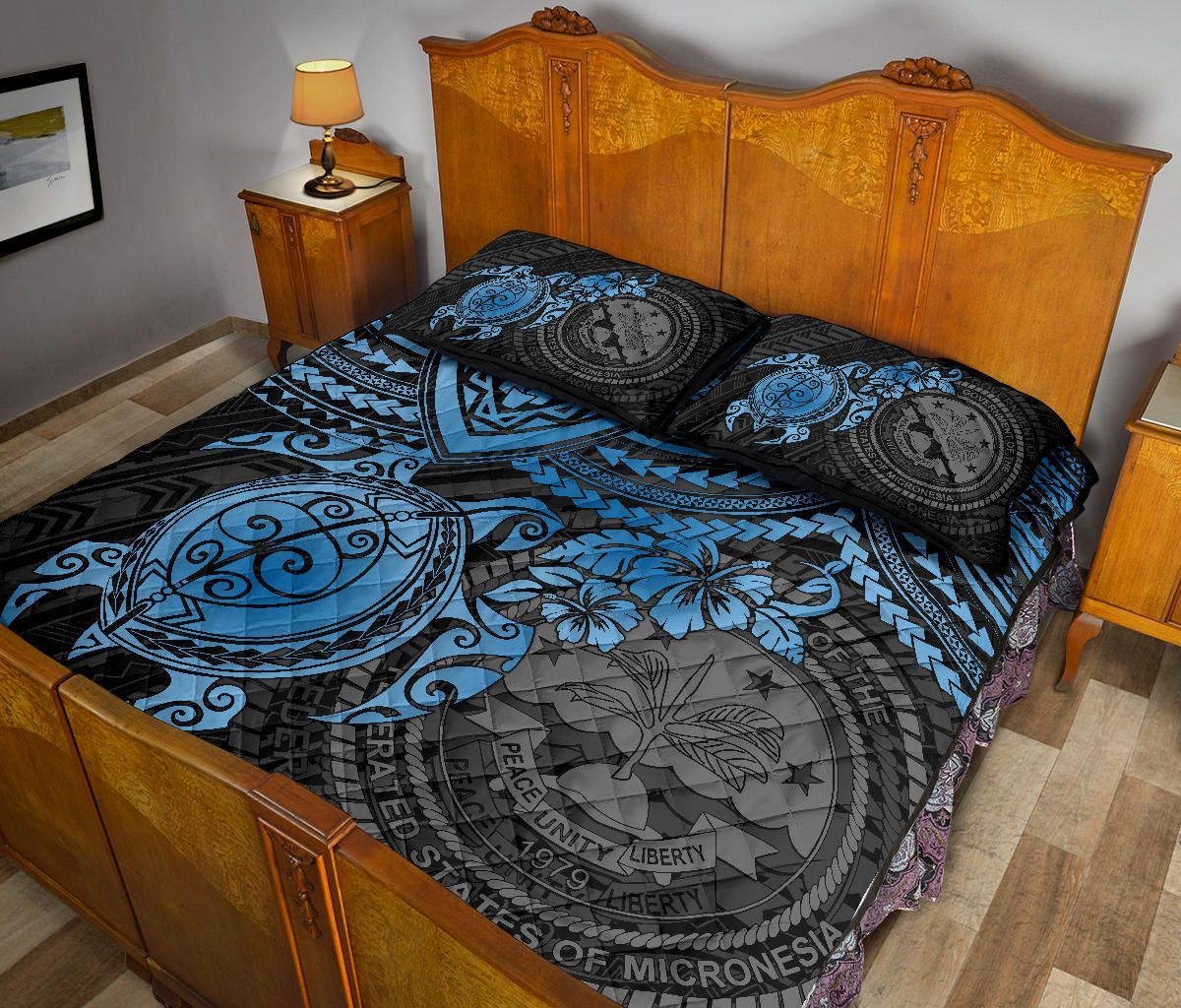 Federated States Of Micronesia Quilt Bed Set - Federated States Of Micronesia Seal & Blue Turtle Hibiscus