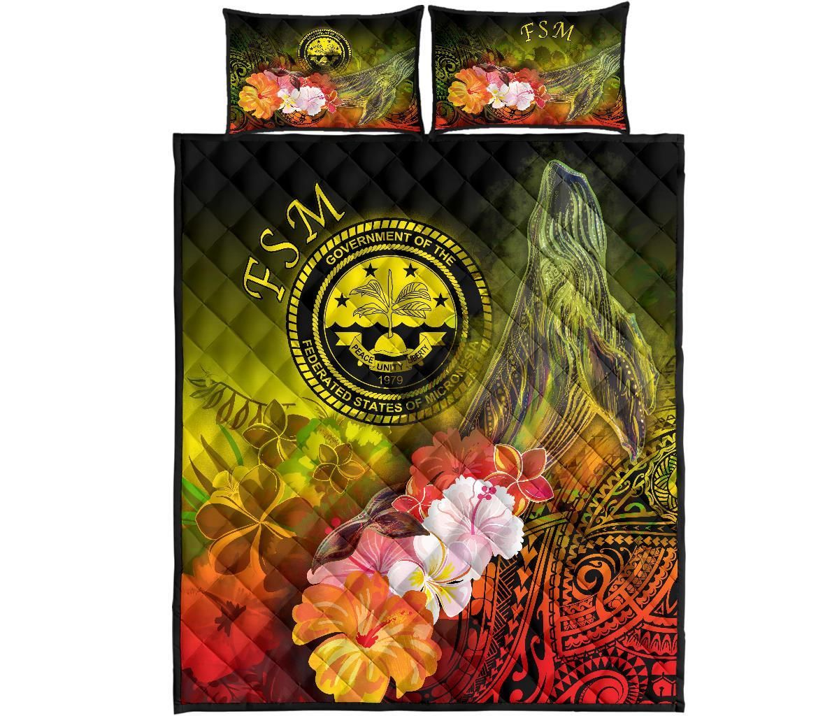 Federated States of Micronesia Quilt Bed Set - Humpback Whale with Tropical Flowers (Yellow)