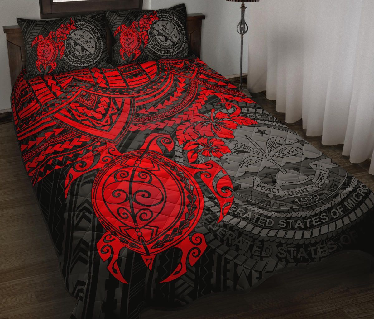 Federated States Of Micronesia Quilt Bed Set - Federated States Of Micronesia Seal & Red Turtle Hibiscus