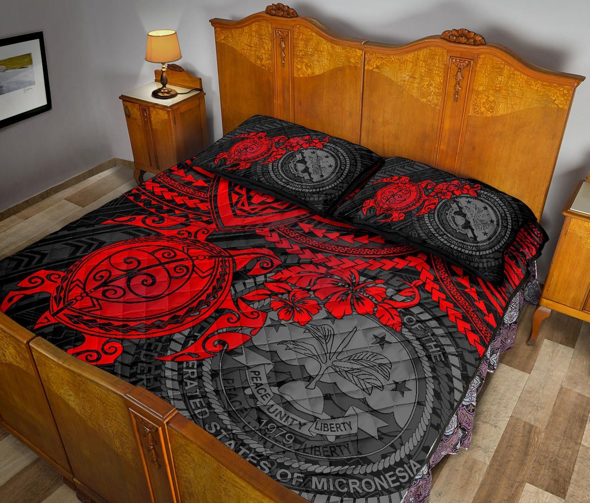 Federated States Of Micronesia Quilt Bed Set - Federated States Of Micronesia Seal & Red Turtle Hibiscus