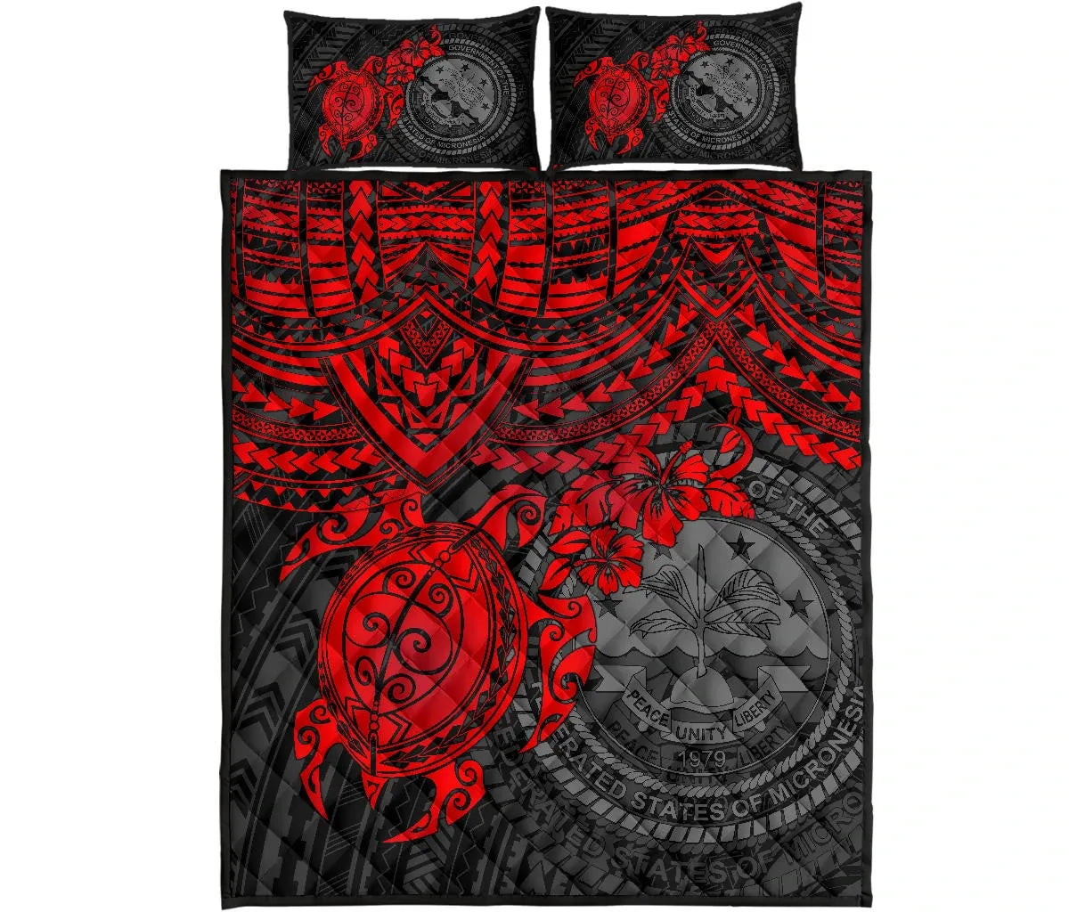 Federated States Of Micronesia Quilt Bed Set - Federated States Of Micronesia Seal & Red Turtle Hibiscus