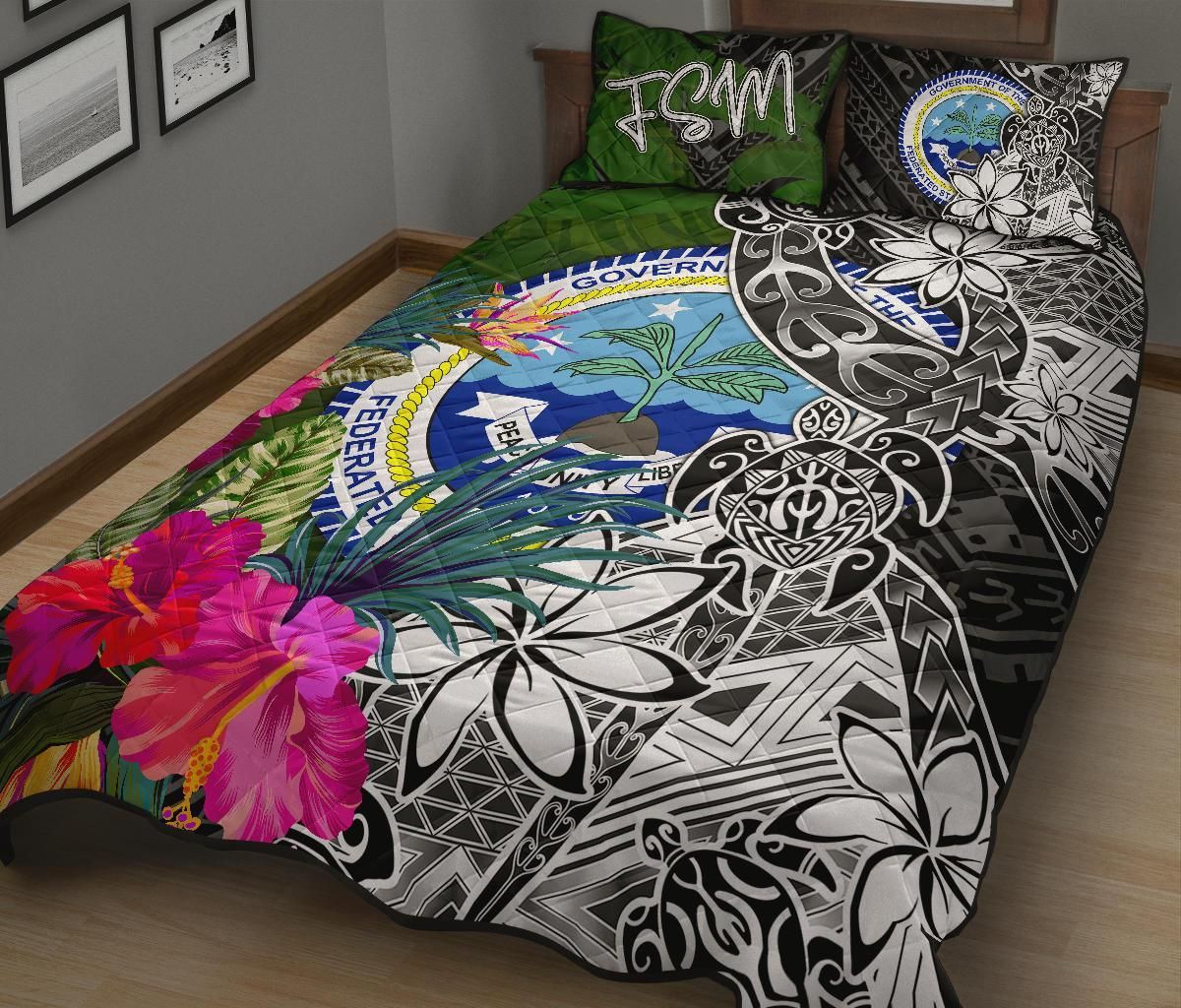 Federated States of Micronesia Quilt Bed Set - Turtle Plumeria Banana Leaf