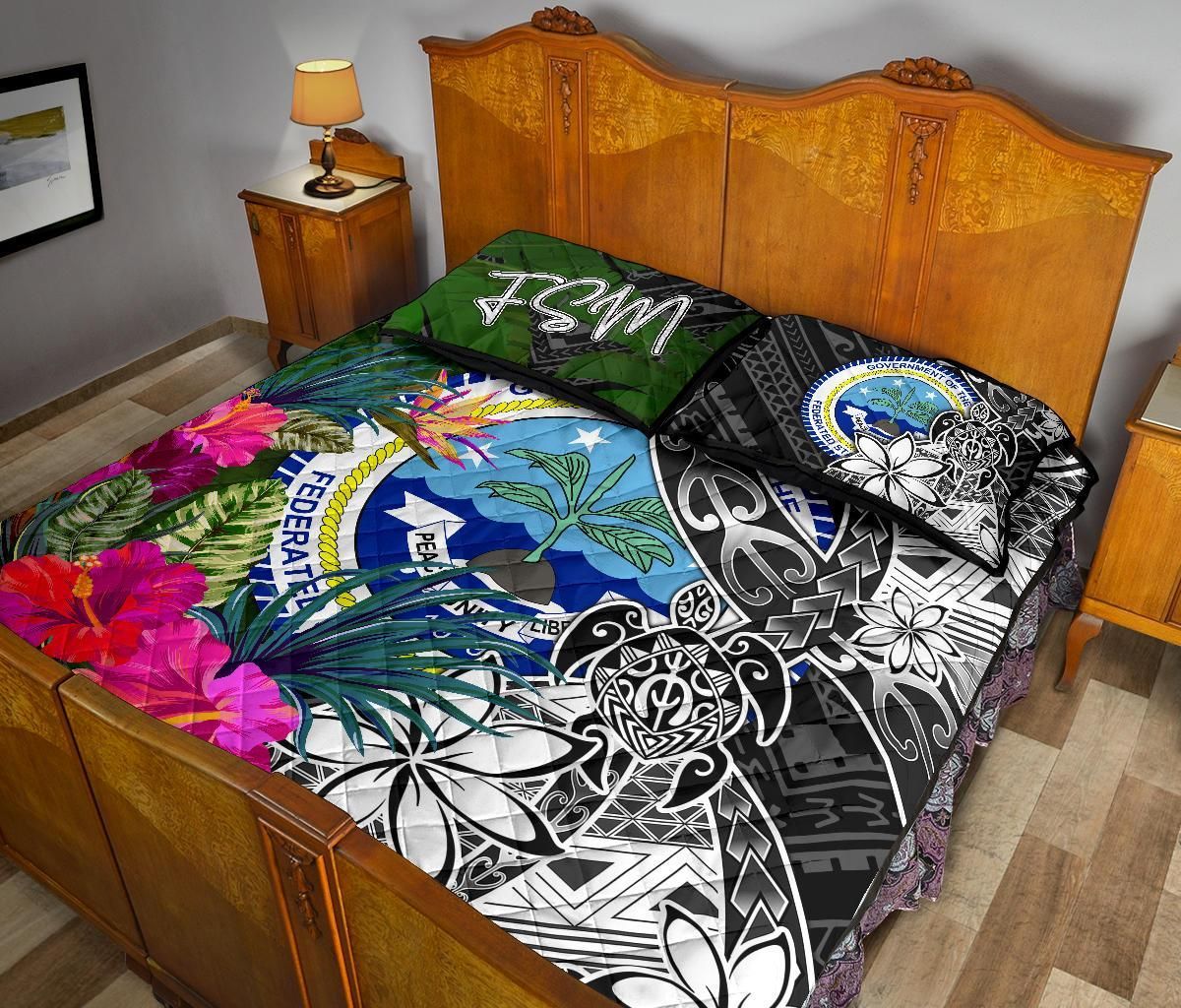 Federated States of Micronesia Quilt Bed Set - Turtle Plumeria Banana Leaf