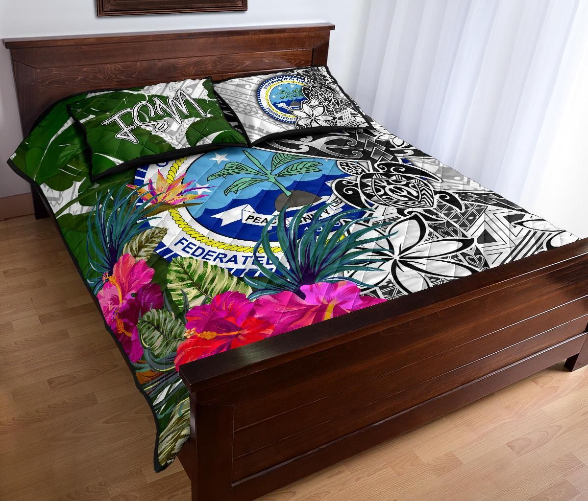 Federated States of Micronesia Quilt Bed Set White - Turtle Plumeria Banana Leaf