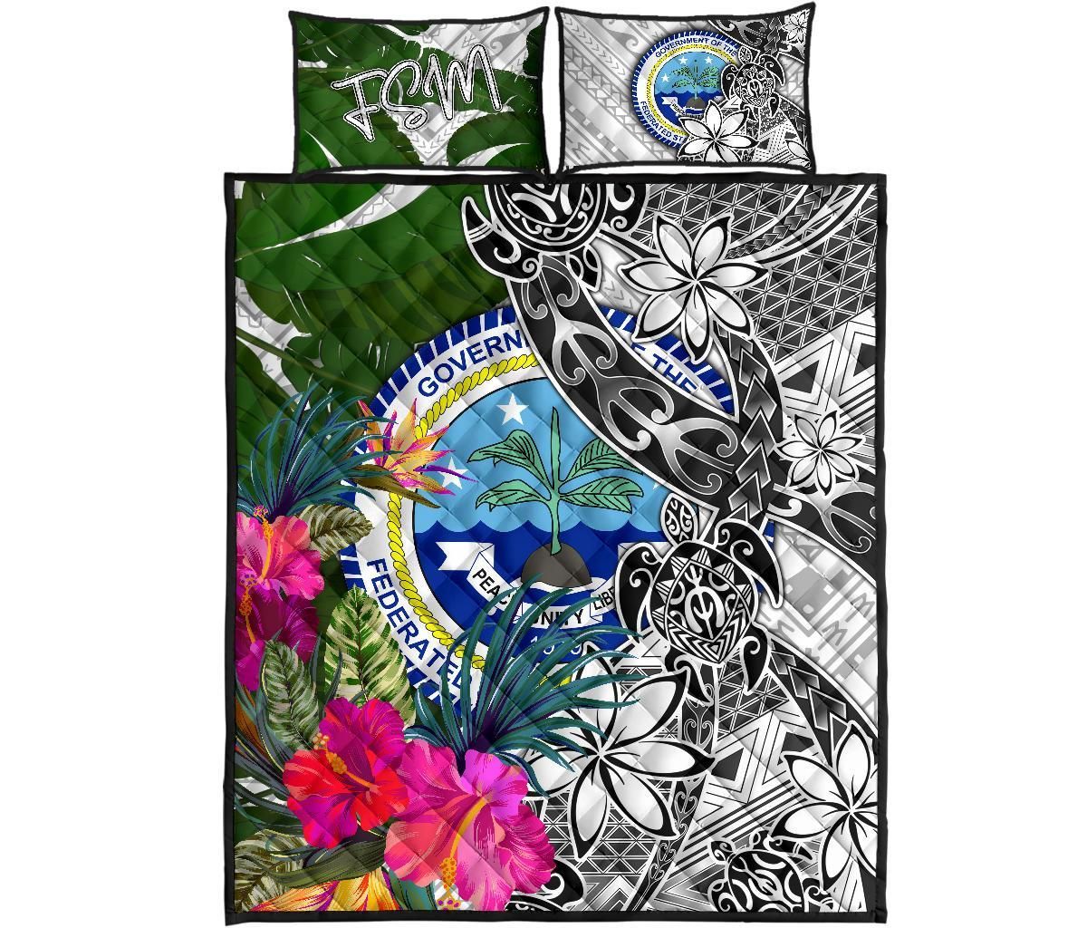 Federated States of Micronesia Quilt Bed Set White - Turtle Plumeria Banana Leaf