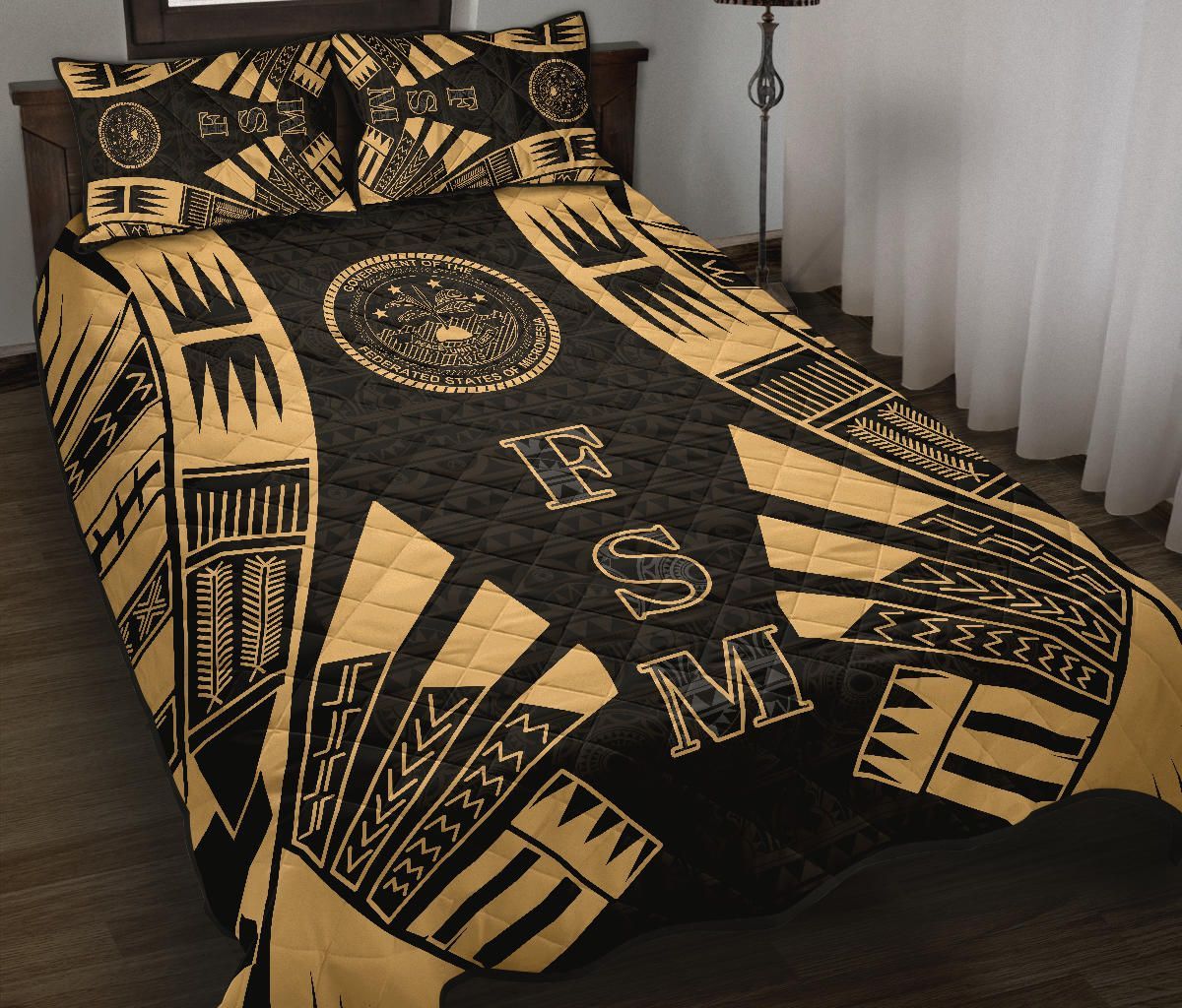 Federated States of Micronesia Quilt Bed Set - Federated States of Micronesia Seal Polynesian Yellow Tattoo Style