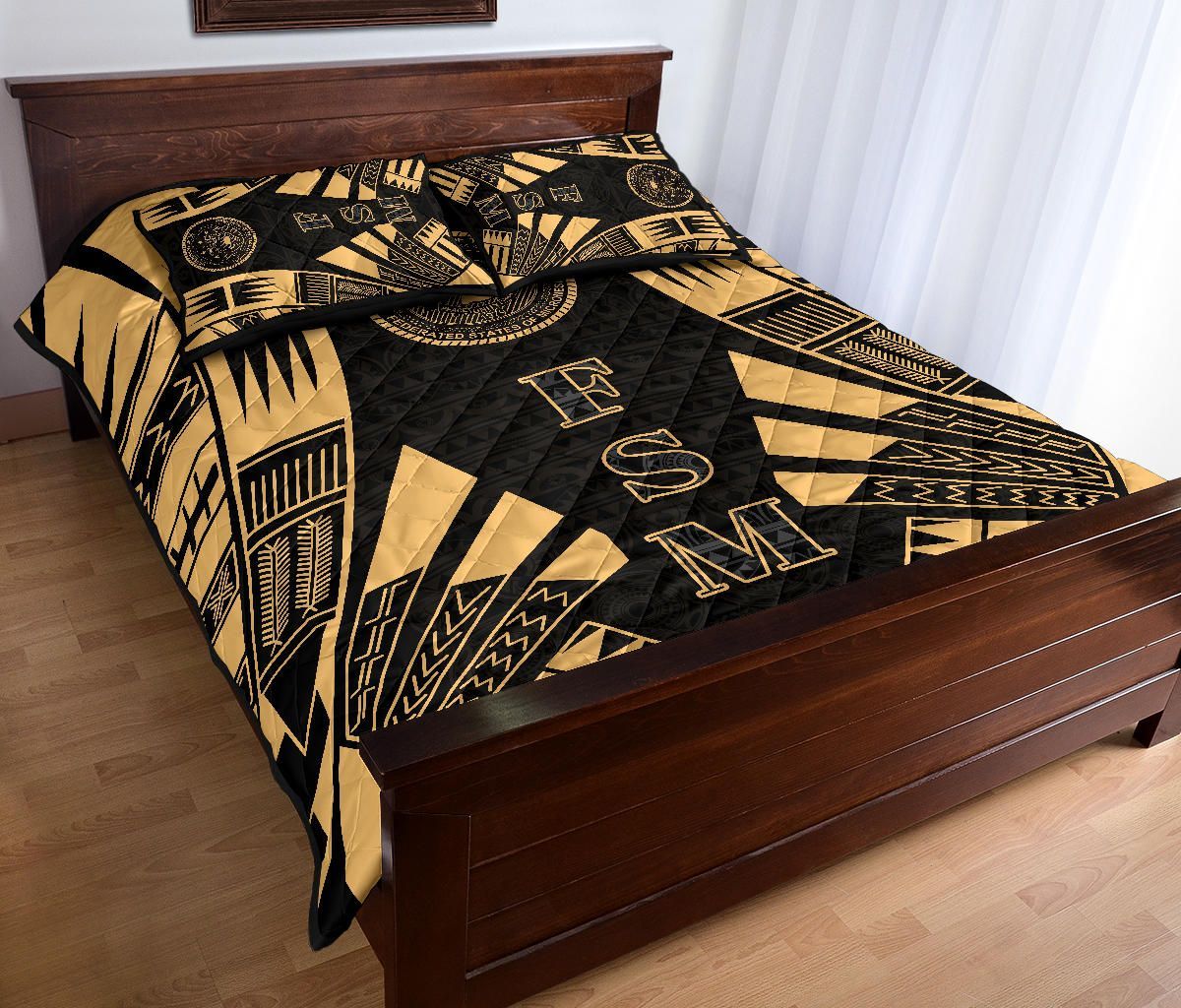 Federated States of Micronesia Quilt Bed Set - Federated States of Micronesia Seal Polynesian Yellow Tattoo Style