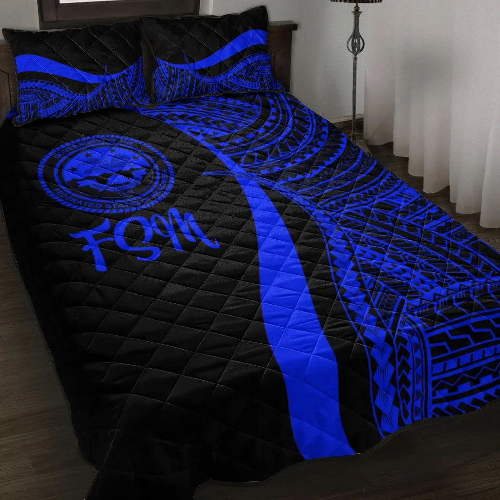 Federated States of Micronesia Quilt Bed Set - Blue Polynesian Tentacle Tribal Pattern