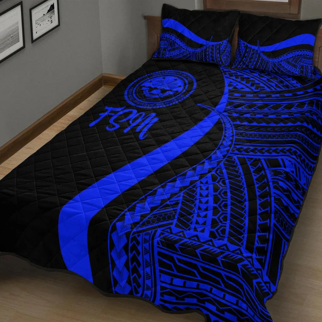 Federated States of Micronesia Quilt Bed Set - Blue Polynesian Tentacle Tribal Pattern