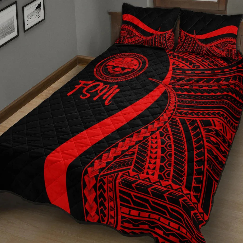 Federated States of Micronesia Quilt Bed Set - Red Polynesian Tentacle Tribal Pattern