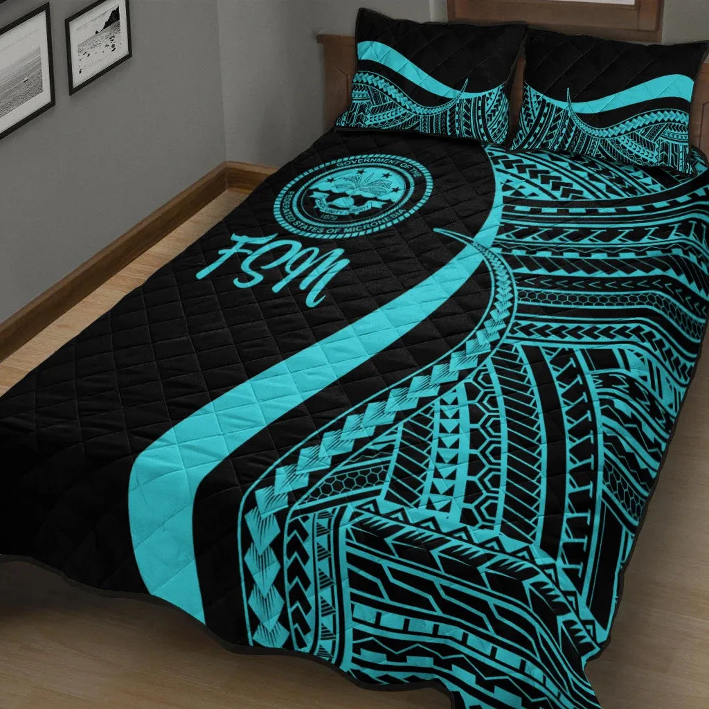 Federated States of Micronesia Quilt Bed Set - Turquoise Polynesian Tentacle Tribal Pattern