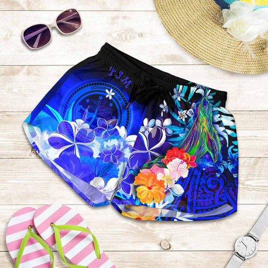 Federated States of Micronesia Women Shorts - Humpback Whale with Tropical Flowers (Blue)