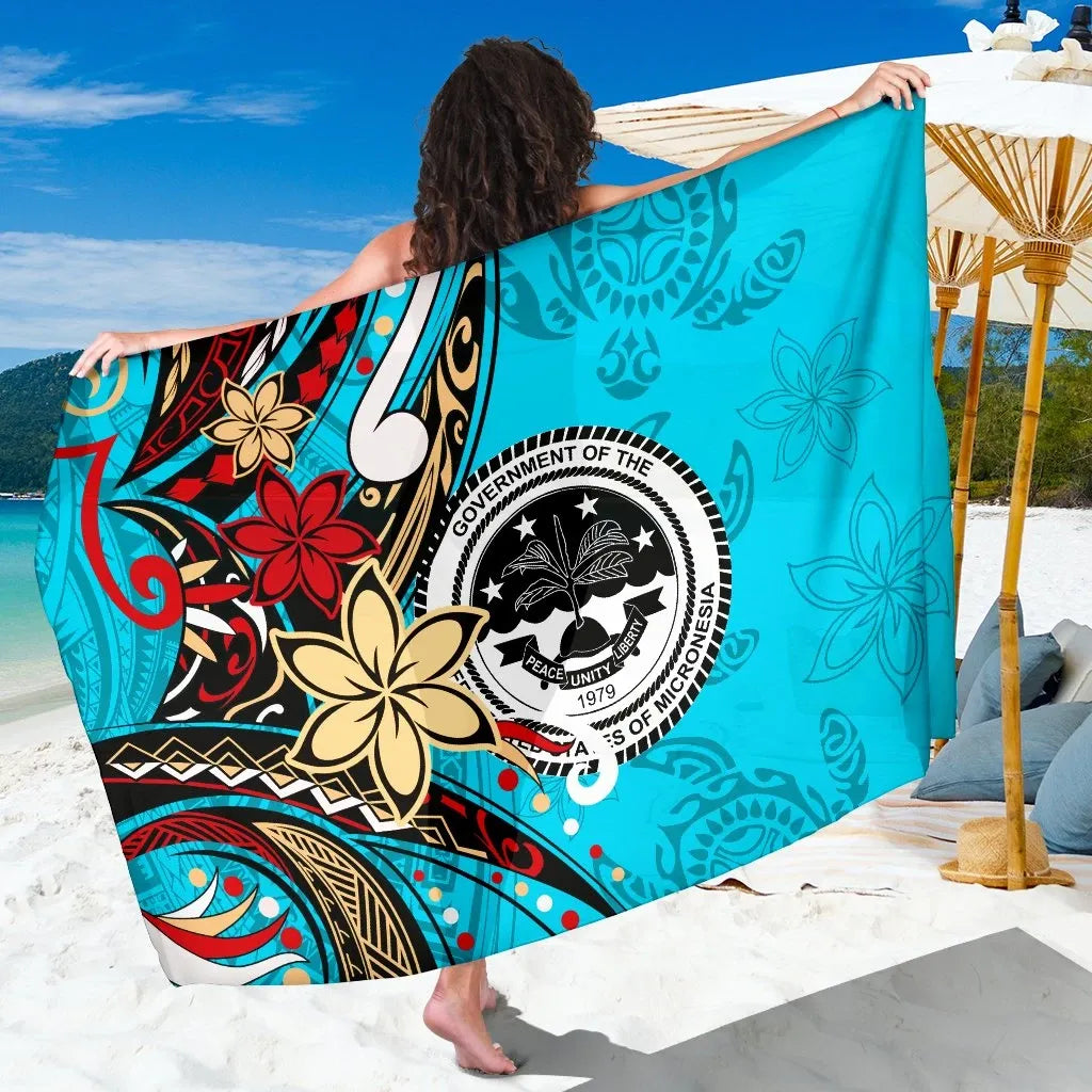 Federated States of Mariana Sarong - Tribal Flower With Special Turtles Blue Color
