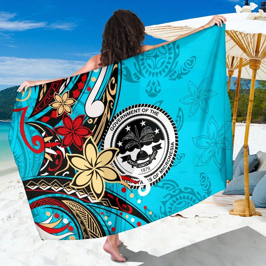 Federated States of Mariana Sarong - Tribal Flower With Special Turtles Blue Color