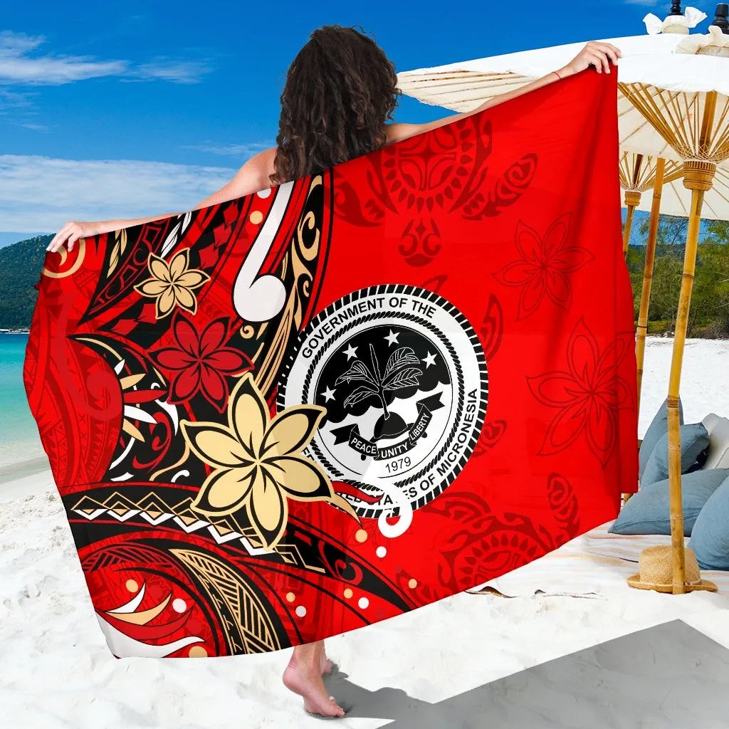 Federated States of Mariana Sarong - Tribal Flower With Special Turtles Red Color