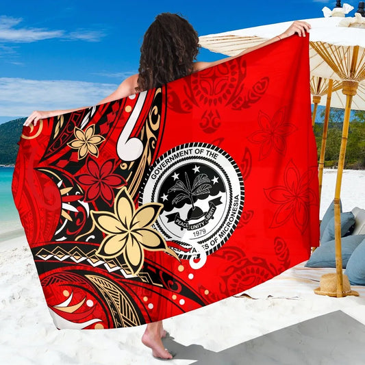Federated States of Mariana Sarong - Tribal Flower With Special Turtles Red Color