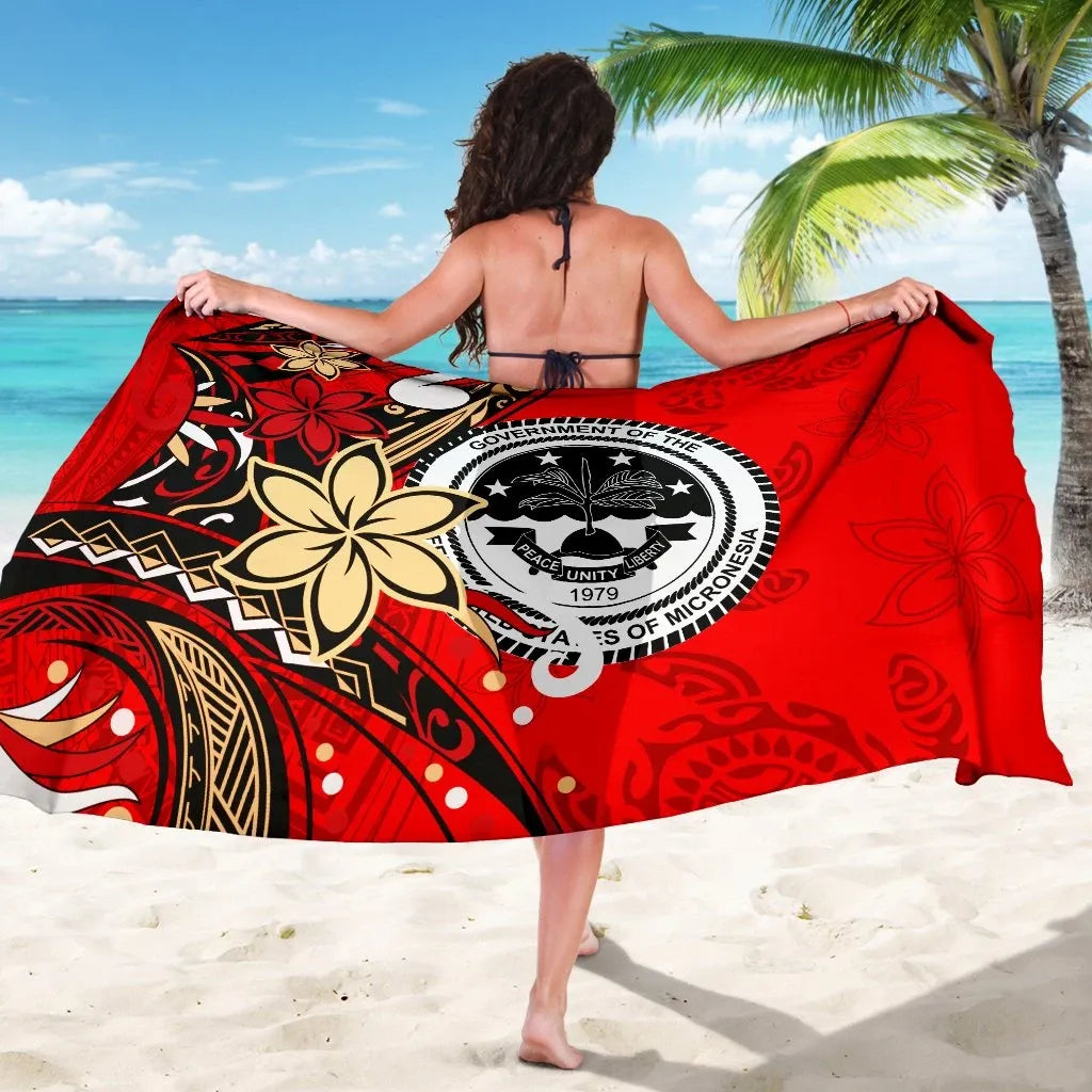 Federated States of Mariana Sarong - Tribal Flower With Special Turtles Red Color