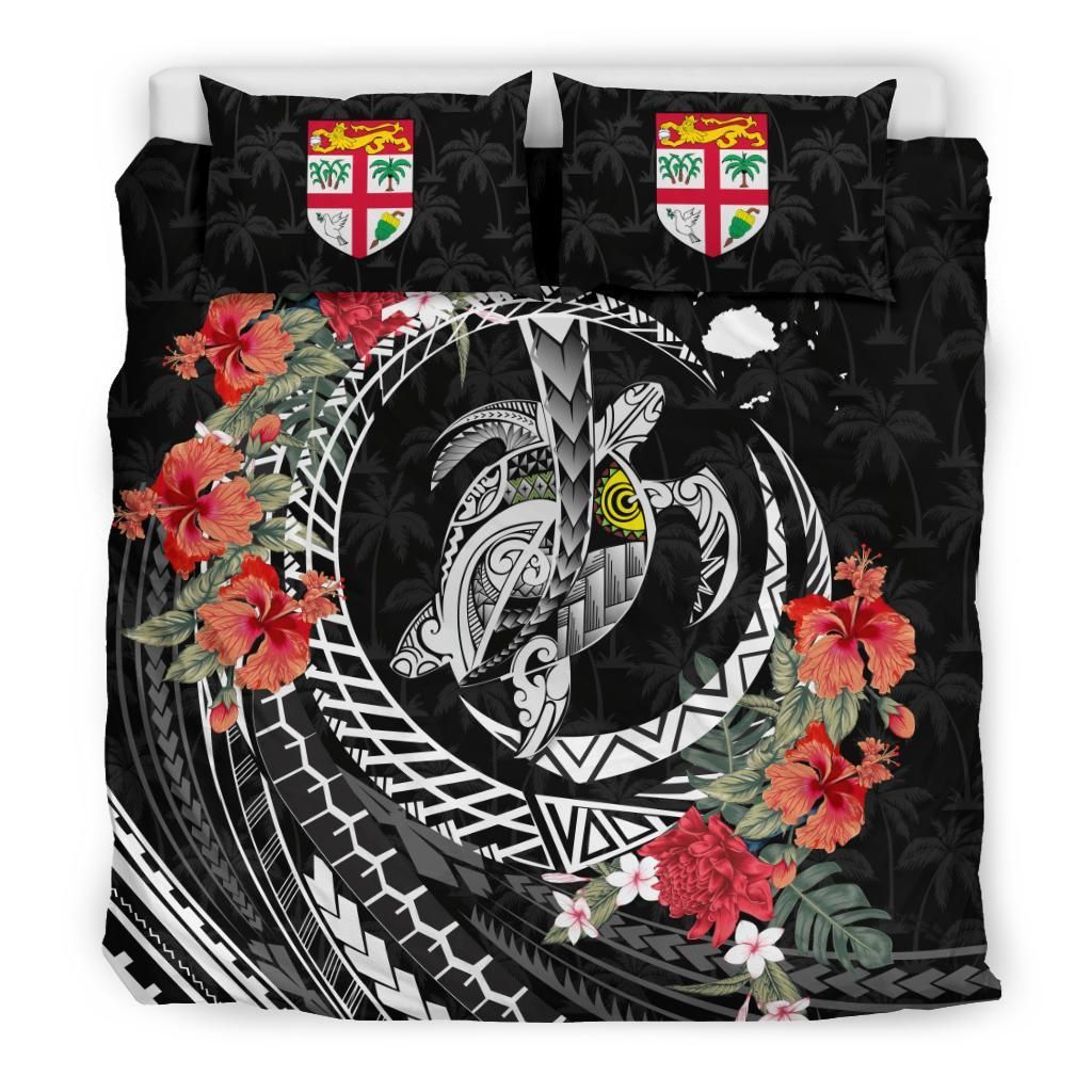 Polynesian Duvet Cover Set - Fiji Bedding Set Polynesia Map Turtle Hibiscus