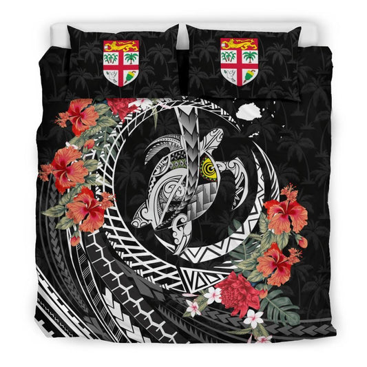 Polynesian Duvet Cover Set - Fiji Bedding Set Polynesia Map Turtle Hibiscus