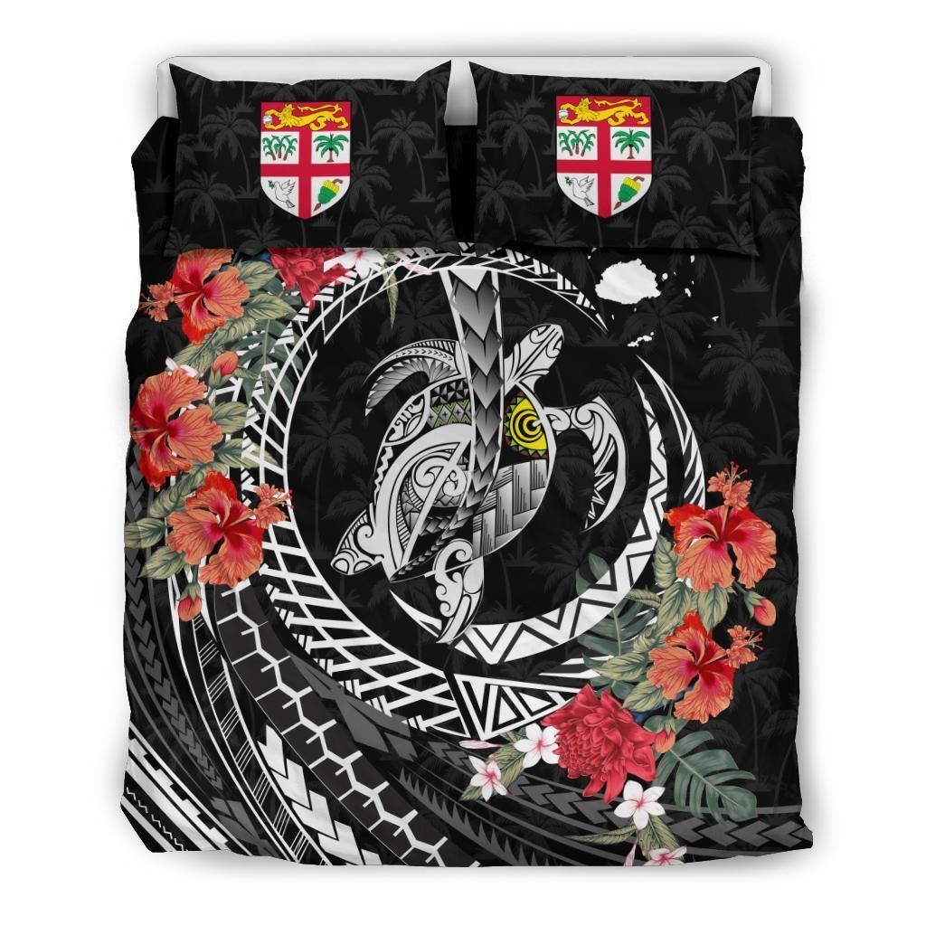 Polynesian Duvet Cover Set - Fiji Bedding Set Polynesia Map Turtle Hibiscus